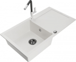 Granitinė virtuvinė plautuvė Mexen Leo su mai&scaron;ytuvu ir sifonu, White+Black/Chrome