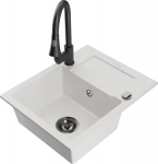 Granitinė virtuvinė plautuvė Mexen Enzo su mai&scaron;ytuvu ir sifonu, White+Black