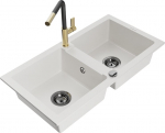 Granitinė virtuvinė plautuvė Mexen Mario su mai&scaron;ytuvu ir sifonu, White+Black/Gold