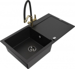 Granitinė virtuvinė plautuvė Mexen Leo su mai&scaron;ytuvu ir sifonu, Black+Black/Gold
