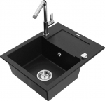 Granitinė virtuvinė plautuvė Mexen Enzo su mai&scaron;ytuvu ir sifonu, Black+Chrome