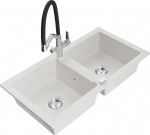Granitinė virtuvinė plautuvė Mexen Mario su mai&scaron;ytuvu ir sifonu, White+Black/Chrome