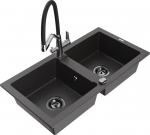Granitinė virtuvinė plautuvė Mexen Mario su mai&scaron;ytuvu ir sifonu, Black granite+Black/Chrome