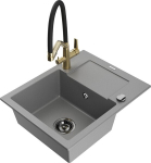 Granitinė virtuvinė plautuvė Mexen Enzo su mai&scaron;ytuvu ir sifonu, Grey+Black/Gold