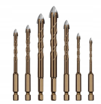 Spiralinių grąžtų rinkinys &ndash; Stiklo ir keramikos gręžimui, Volframo karbido antgalis, HEX 1/4", 3&ndash;12 mm, 7 vnt