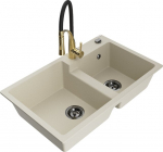 Granitinė virtuvinė plautuvė Mexen Tomas su mai&scaron;ytuvu ir sifonu, Beige+Black/Gold
