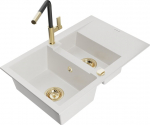Granitinė virtuvinė plautuvė Mexen Gaspar su mai&scaron;ytuvu ir sifonu, White+Black/Gold