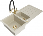 Granitinė virtuvinė plautuvė Mexen Andres su mai&scaron;ytuvu ir sifonu, Beige+Black/Gold
