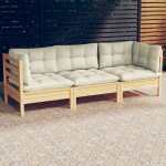 Trivietė sodo sofa su kreminėmis pagalvėlėmis, ruda