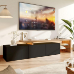 Televizoriaus spintelė su LED &scaron;viesa, 200 cm ilgio ir 3 stalčiais, juoda, blizgi