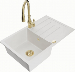 Granitinė virtuvinė plautuvė Mexen Bruno su mai&scaron;ytuvu ir sifonu, White/Gold