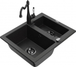 Granitinė virtuvinė plautuvė Mexen Carlos su mai&scaron;ytuvu ir sifonu, Metallic black/silver/black