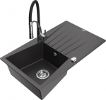Granitinė virtuvinė plautuvė Mexen Cesar su mai&scaron;ytuvu ir sifonu, Black granite/Black/Chrome