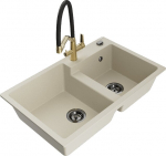 Granitinė virtuvinė plautuvė Mexen Tomas su mai&scaron;ytuvu ir sifonu, Beige/Black/Gold