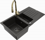 Granitinė virtuvinė plautuvė Mexen Matias su mai&scaron;ytuvu ir sifonu, Metallic black/Gold
