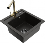 Granitinė virtuvinė plautuvė Mexen Vito su mai&scaron;ytuvu ir sifonu, Metallic black/gold+Gold
