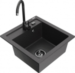 Granitinė virtuvinė plautuvė Mexen Vito su mai&scaron;ytuvu ir sifonu, Black granite/Black