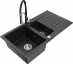 Granitinė virtuvinė plautuvė Mexen Matias su mai&scaron;ytuvu ir sifonu, Metallic black/Gold/Black/Chrome