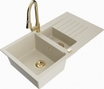 Granitinė virtuvinė plautuvė Mexen Matias su mai&scaron;ytuvu ir sifonu, Beige/Gold