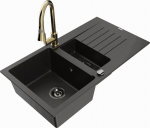Granitinė virtuvinė plautuvė Mexen Matias su mai&scaron;ytuvu ir sifonu, Metallic black/Gold