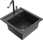 Granitinė virtuvinė plautuvė Mexen Vito su mai&scaron;ytuvu ir sifonu, Black granite/Black/Gold