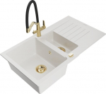 Granitinė virtuvinė plautuvė Mexen Matias su mai&scaron;ytuvu ir sifonu, White/Black/Gold