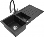 Granitinė virtuvinė plautuvė Mexen Andres su mai&scaron;ytuvu ir sifonu, Metallic black/silver/black/chrome