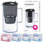 Aquaphor Glass 2,5 l stiklinis filtravimo ąsotis + 4 Maxfor filtrų (1Mg+3), juodas