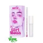 MIYO - &bdquo;Girl Boss&ldquo; lūpų rinkinys, 4 ml + 1,2 g - lūpų rinkinys, rožinis lūpų pie&scaron;tukas ir skaidrus lūpų blizgis