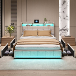Lova 140*200cm, su LED ap&scaron;vietimu ir USB jungtimi, keturiais stalčiais, dvigulė lova, smėlio spalvos, aksominis audinys