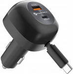 Automobilinis Įkroviklis 3-in-1 75W USB-C / USB-A / Integruota I&scaron;traukiama 75cm Juodas