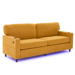 Dvivietė chenille sofa su USB-C, LED juosta, gėrimų laikikliais ir ki&scaron;enėmis, garstyčių spalvos