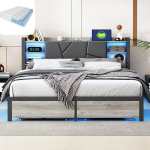 Lova 160&times;200 CM, su čiužiniu, 2 stalčiais, LED ap&scaron;vietimu, pilka, PU