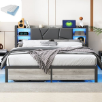 Lova 140&times;200CM, su čiužiniu, LED ap&scaron;vietimu ir USB jungtimi, dvigubais stalčiais, pilka