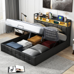 Lova 140x200cm - LED ir USB - Vieta daiktams laikyti - PU - Juoda