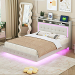 Polsteriuota lova 140x200 cm su USB ir LED, linų audinys, beige