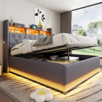 LED polsterinė lova 160x200 cm, su USB ir hidrauliniu sandėliavimu, lino, pilka