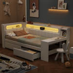 Daybett 90x200 cm su USB, LED, stalas ir 2 stalčiai, balta