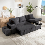 Sulankstomas L formos kampinis sofa-lova su USB, &scaron;oninėmis lentynomis ir sandėliavimo vieta, 3 vietų