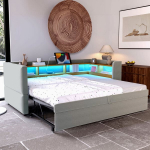 Mink&scaron;ta i&scaron;traukiama lova sofa 90/180x190 cm su LED lizdais ir lentynomis &scaron;viesiai pilka 1 vnt