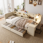 Daybed 90x200 cm, lova su stalčiais, ra&scaron;omuoju stalu, USB ir Type-C, laikymo skyreliai, linai, smėlio