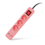 Ilgiklis Entac 3 lizdų +2USB 1.5m 16A su jungikliu, rožinis