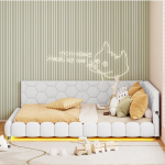 Lova 140 &times; 200 cm, su LED ap&scaron;vietimu ir USB jungtimi, sofa-lova, balta, ėriuko vilna