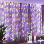 Kalėdinės lemputės su nuotolinio valdymo pultu ir pakabomis, 300 LED, &scaron;viesų užuolaida 3x3 metrai LIVMAN