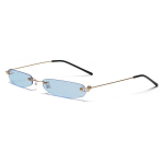Sunglasses,Slim Rimless Rectangular Sunglasses Vintage Slender Clear Glasses Spring Hinge,Gold frame marine blue