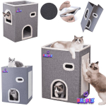 Sulankstomas trijų lygių kačių namelis su gultu ir draskykle Halpix