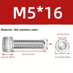 Nerūdijančio plieno &scaron;e&scaron;iakampiai varžtai, M5*16