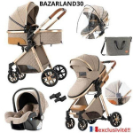 BAZARLAND30. 3 viename kūdikio vežimėlis, kombinuotas automobilio sėdynė ir lop&scaron;ys, trijų dalių, apverčiamas, reguliuojamas, auk&scaron;tos kokybės, nei&scaron;ardomos ratukai, khaki spalvos.