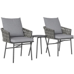 3 dalių lauko baldų rinkinys, 2 kėdės, 1 stalas, bistro rinkinys, dirbtinis rotangas, plieninis rėmas, metalinis stalas, 4 pagalvėlės, pilkos spalvos, Pilka