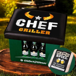 Cult at home priedas alaus dėžei Chef's Grill &ndash; sėdynė alaus dėžei su padėkliuku Memospiel &ndash; sėdynės užvalkalas alaus dėžei gėrimų dėžė &ndash; taburetė sodo taburetė balkonui ir stovyklavimui